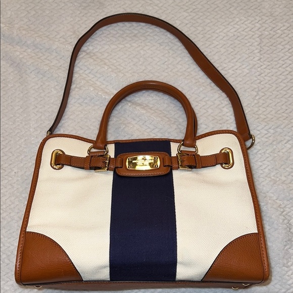 Michael Kors Hamilton Bag Large Blue Stripe Satchel Creme Leather Trim - Picture 1 of 13